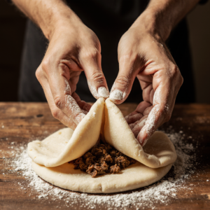 Hands shaping and folding the edges of Turkish Pide dough over the meat filling before baking.