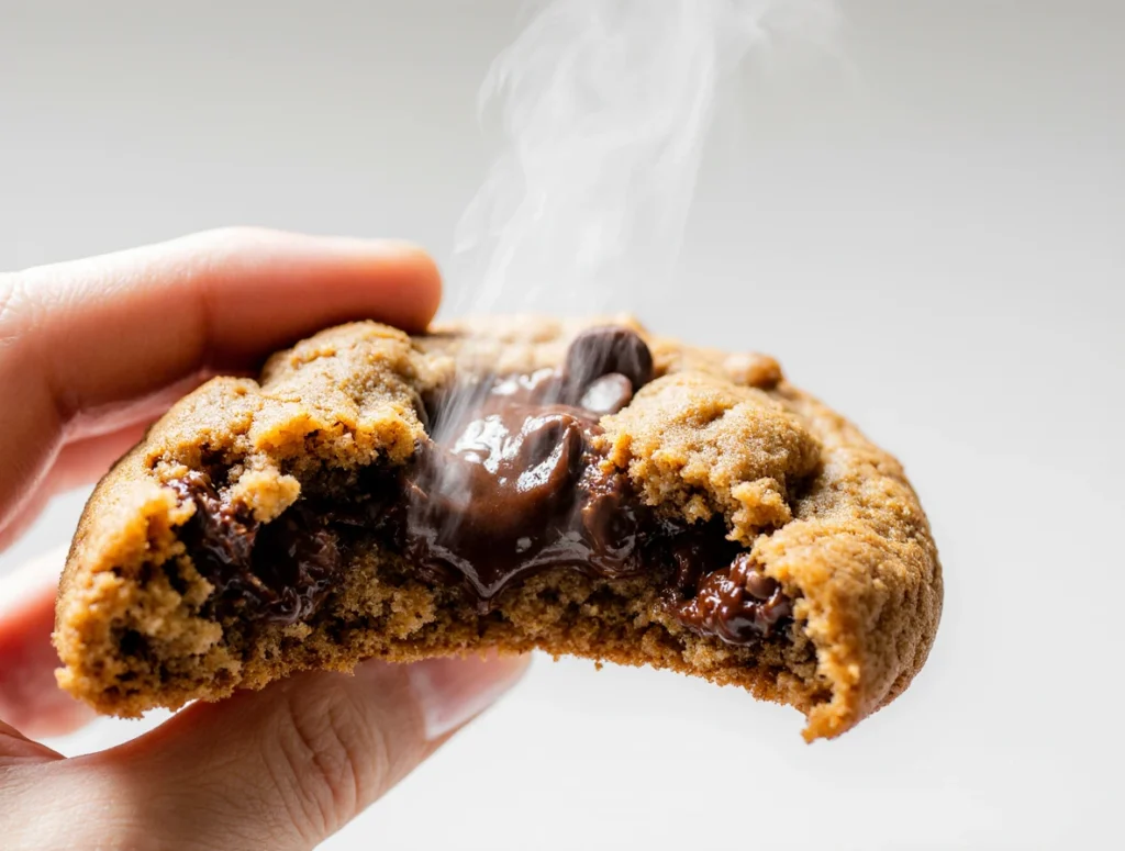 A warm chocolate chip oat cookie being broken apart, revealing gooey melted chocolate and a perfectly soft, chewy center.