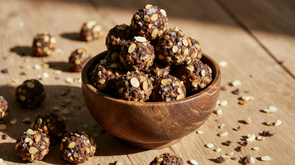 A rustic wooden bowl filled with homemade quinoa chocolate clusters, featuring crunchy quinoa, dark chocolate, almonds, and pumpkin seeds.