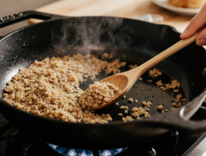 Toasting quinoa in a cast iron skillet until golden brown, the first step in making crispy quinoa chocolate clusters at home.