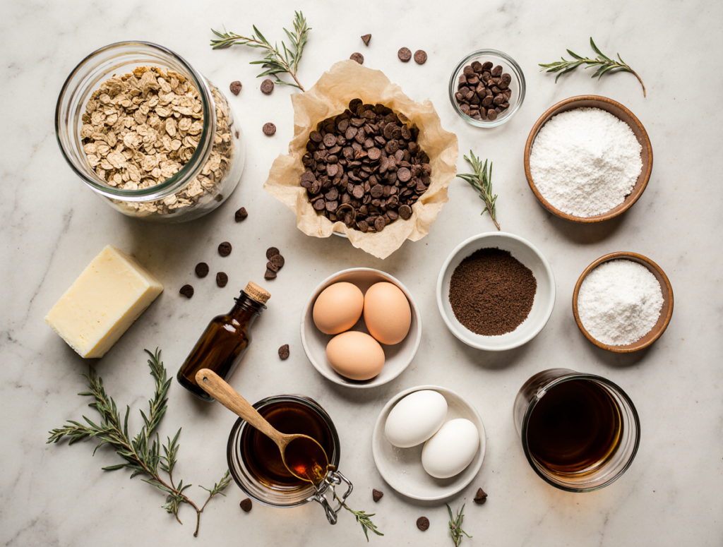 Fresh ingredients for baking chocolate chip oat cookies arranged on marble, including rolled oats, chocolate chips, butter, eggs, flour, and vanilla.