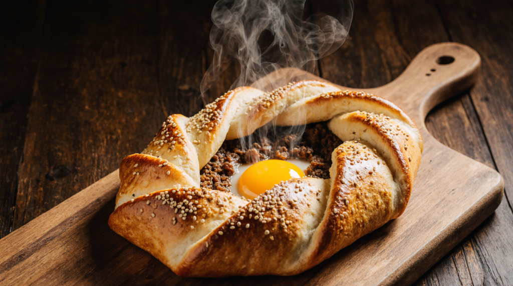 Sliced Turkish Pide served on a wooden board with a glass of ayran and a lemon wedge, ready to eat.
