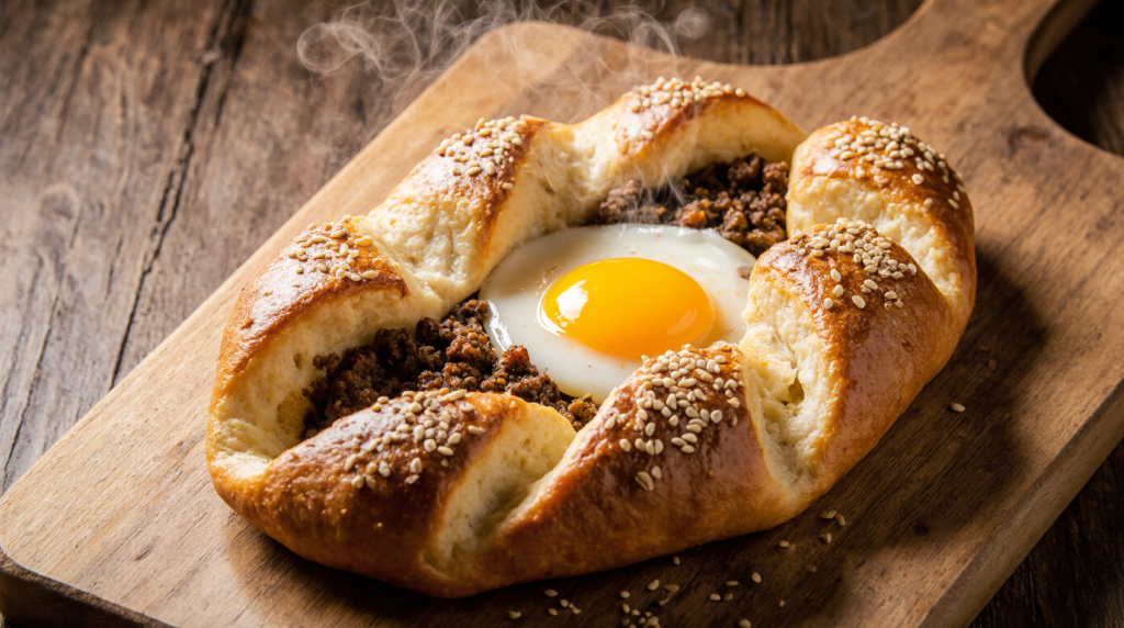A golden-brown Turkish Pide with minced meat filling and a runny egg, freshly baked and resting on a wooden board.