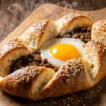 A golden-brown Turkish Pide with minced meat filling and a runny egg, freshly baked and resting on a wooden board.