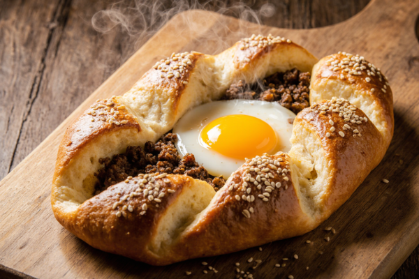 A golden-brown Turkish Pide with minced meat filling and a runny egg, freshly baked and resting on a wooden board.