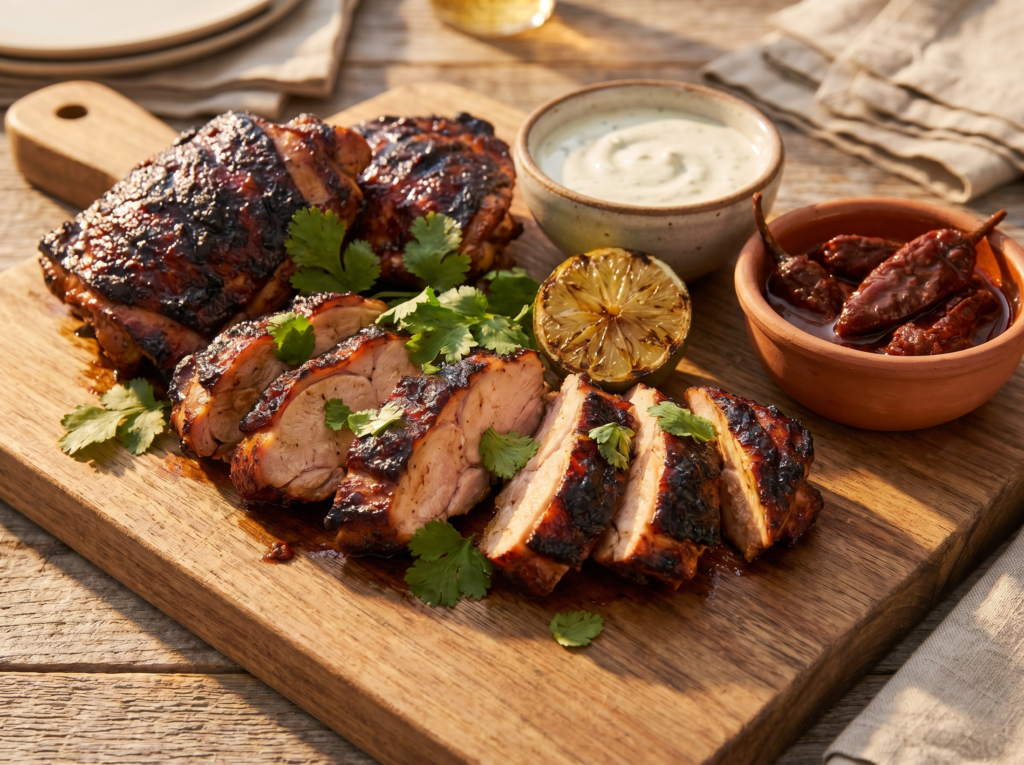 A stunning plate of homemade chipotle adobo chicken with a glossy reddish-brown char, garnished with cilantro and lime on a rustic wooden board.