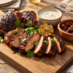 A stunning plate of homemade chipotle adobo chicken with a glossy reddish-brown char, garnished with cilantro and lime on a rustic wooden board.