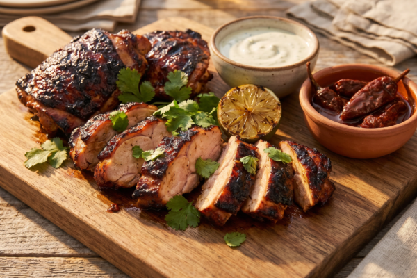 A stunning plate of homemade chipotle adobo chicken with a glossy reddish-brown char, garnished with cilantro and lime on a rustic wooden board.