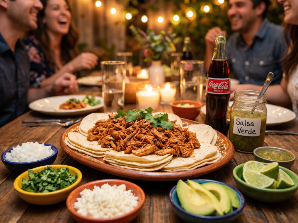 Final chipotle adobo chicken served as tacos on warm corn tortillas with fresh toppings like avocado, onion, cilantro, and lime.