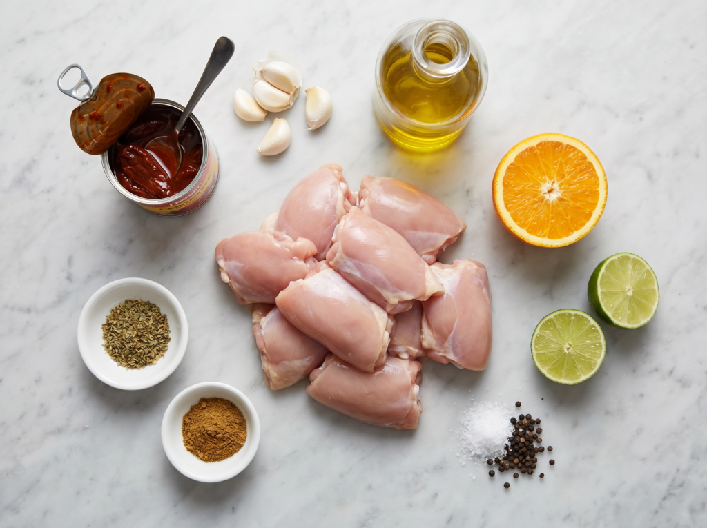  Flat lay of all raw ingredients for chipotle adobo chicken including chicken thighs, chipotle peppers in adobo sauce, garlic, citrus, and spices. 