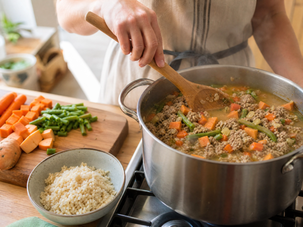 A person stirring a pot of homemade dog food with ground meat, sweet potatoes, and vegetables on a kitchen stove.