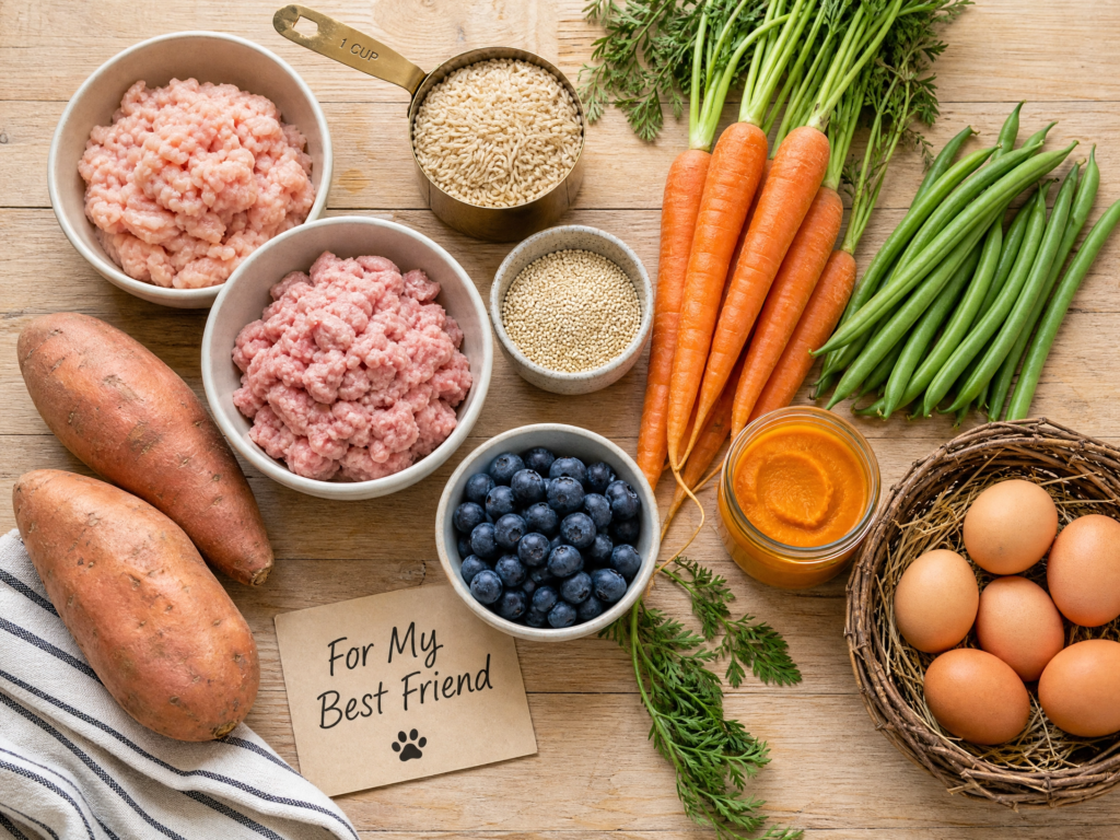 Alt Text: Flat lay of fresh ingredients for homemade dog food recipes including chicken, turkey, rice, vegetables, eggs, and blueberries.