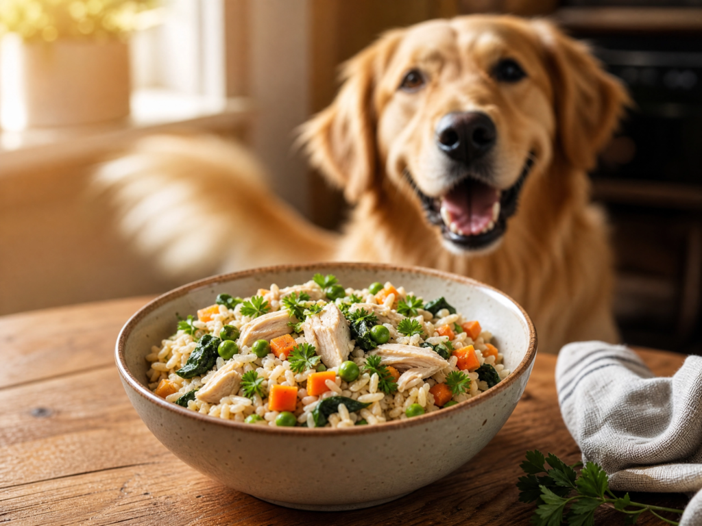 A bowl of homemade chicken and rice dog food with vegetables next to a happy dog eagerly waiting to eat.