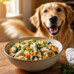 A bowl of homemade chicken and rice dog food with vegetables next to a happy dog eagerly waiting to eat.