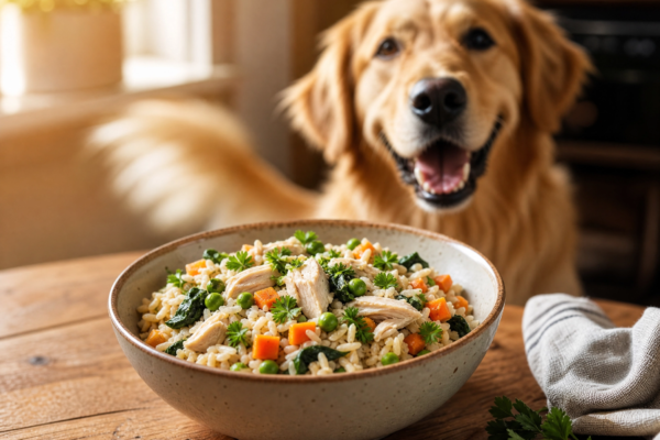 A bowl of homemade chicken and rice dog food with vegetables next to a happy dog eagerly waiting to eat.