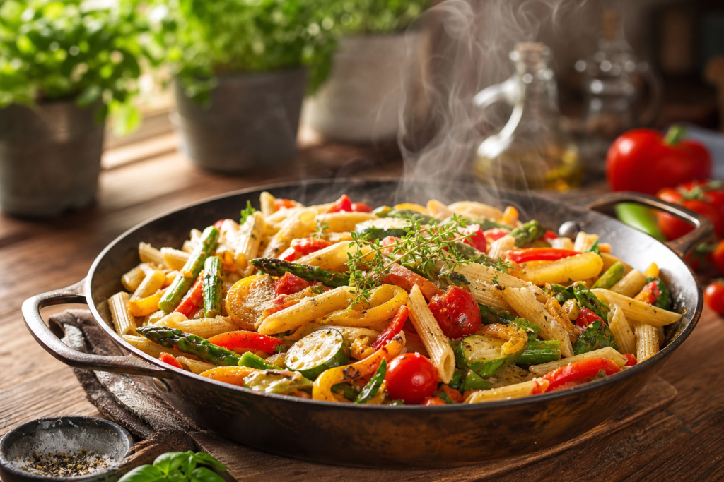 One-pan pasta with seasonal vegetables including tomatoes, zucchini, bell peppers, and asparagus served in a rustic skillet.