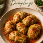 Cabbage dumplings stuffed with savory filling served in a rich tomato sauce and garnished with fresh parsley on a ceramic plate.