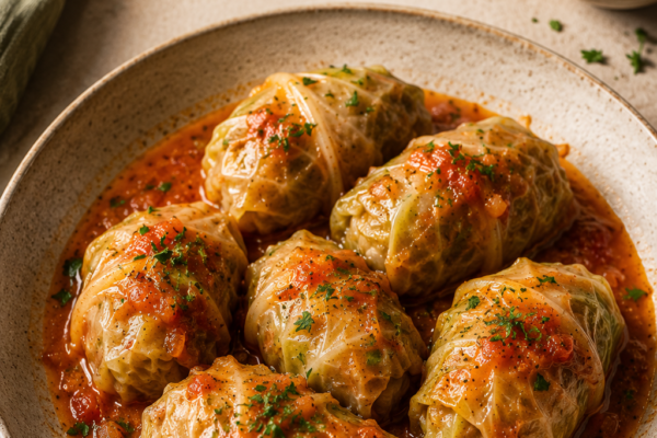 Cabbage dumplings stuffed with savory filling served in a rich tomato sauce and garnished with fresh parsley on a ceramic plate.