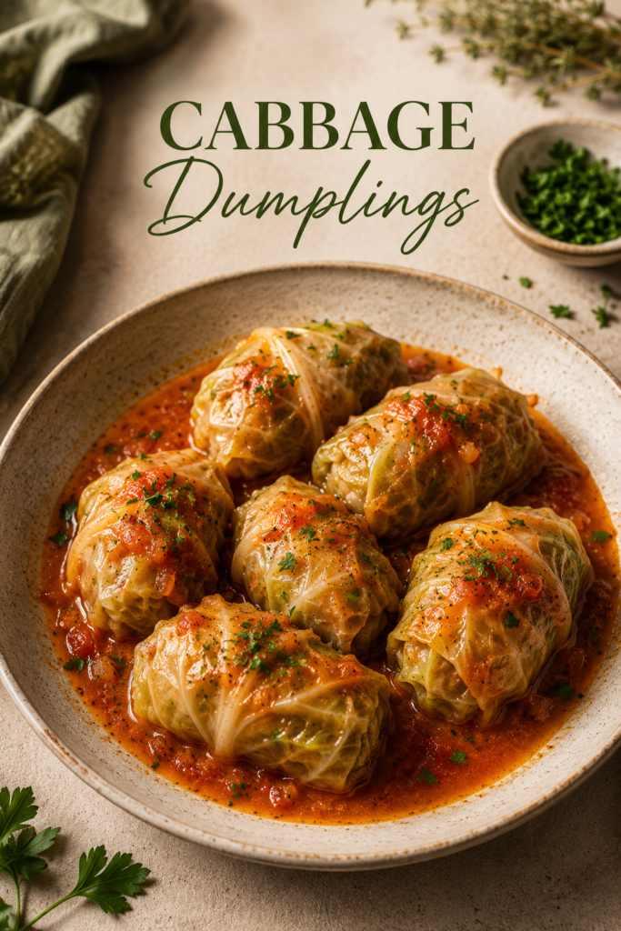 Cabbage dumplings stuffed with savory filling served in a rich tomato sauce and garnished with fresh parsley on a ceramic plate.