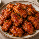 Crispy Hot Honey Chicken coated in a glossy sweet and spicy honey glaze, garnished with red pepper flakes and fresh parsley on a rustic plate.