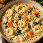 Creamy Chicken Tortellini Soup with tender chicken, cheese tortellini, carrots, spinach, and herbs in a rich creamy broth.