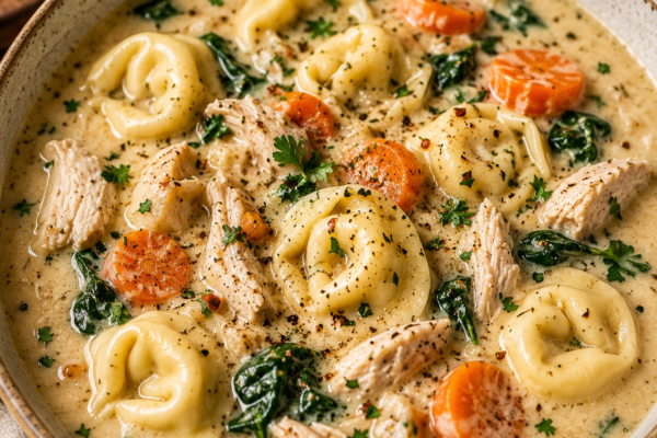 Creamy Chicken Tortellini Soup with tender chicken, cheese tortellini, carrots, spinach, and herbs in a rich creamy broth.