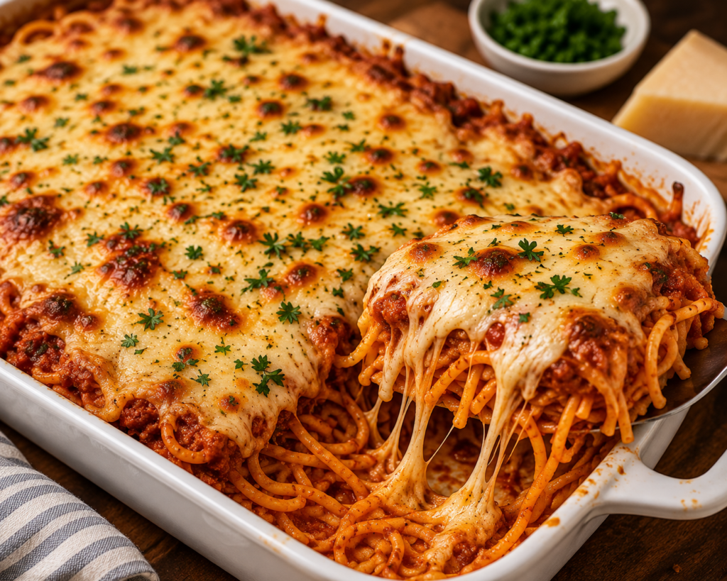 Leftover Spaghetti Bake with spaghetti, marinara sauce, creamy ricotta, melted mozzarella, and Parmesan baked until golden and bubbly.