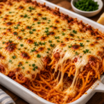 Leftover Spaghetti Bake with spaghetti, marinara sauce, creamy ricotta, melted mozzarella, and Parmesan baked until golden and bubbly.