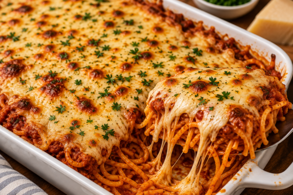 Leftover Spaghetti Bake with spaghetti, marinara sauce, creamy ricotta, melted mozzarella, and Parmesan baked until golden and bubbly.