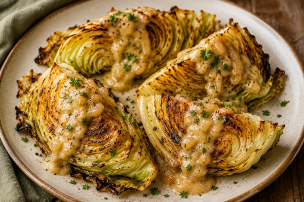 Easy roasted cabbage wedges topped with creamy onion Dijon sauce and fresh parsley on a ceramic plate.