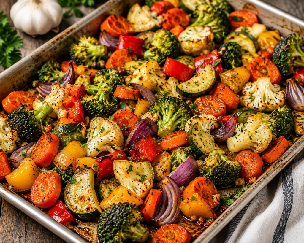 Garlic roasted vegetables with broccoli, cauliflower, carrots, zucchini, bell peppers, tomatoes, and red onion seasoned with herbs and roasted until golden and caramelized.