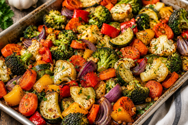Garlic roasted vegetables with broccoli, cauliflower, carrots, zucchini, bell peppers, tomatoes, and red onion seasoned with herbs and roasted until golden and caramelized.