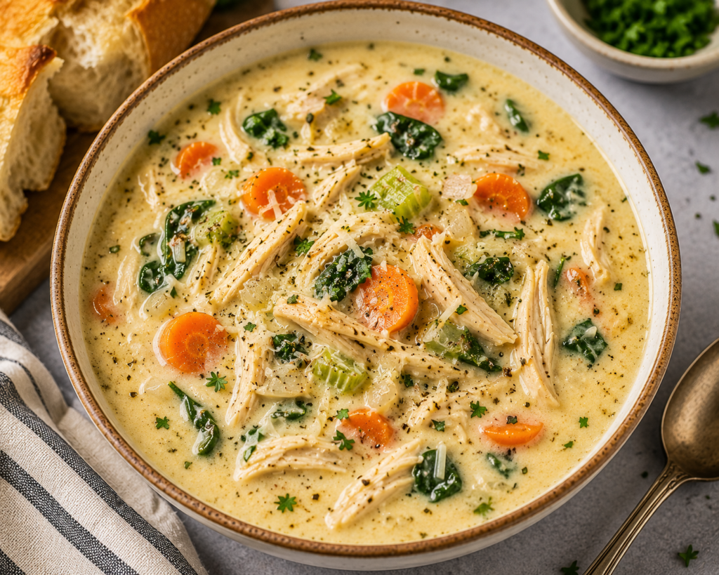 Creamy Chicken Soup with tender shredded chicken, carrots, celery, spinach, herbs, and Parmesan in a rich creamy broth.