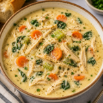Creamy Chicken Soup with tender shredded chicken, carrots, celery, spinach, herbs, and Parmesan in a rich creamy broth.