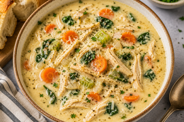 Creamy Chicken Soup with tender shredded chicken, carrots, celery, spinach, herbs, and Parmesan in a rich creamy broth.