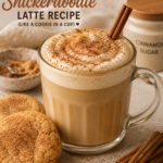 Homemade Snickerdoodle Latte topped with cinnamon foam and cinnamon sugar, served with snickerdoodle cookies and cinnamon sticks.
