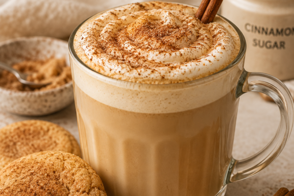 Homemade Snickerdoodle Latte topped with cinnamon foam and cinnamon sugar, served with snickerdoodle cookies and cinnamon sticks.