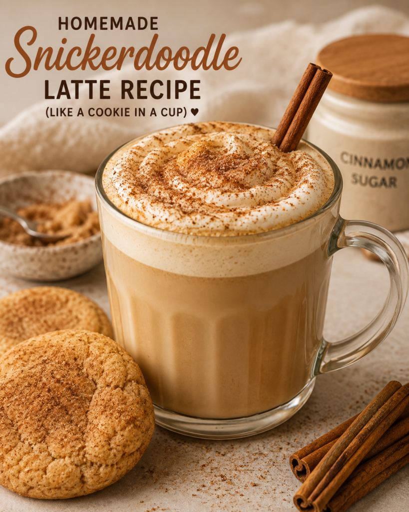 Homemade Snickerdoodle Latte topped with cinnamon foam and cinnamon sugar, served with snickerdoodle cookies and cinnamon sticks.