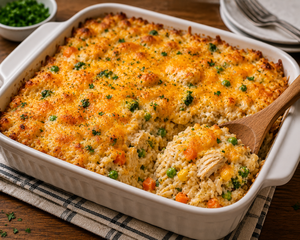 Leftover Rice Casserole with creamy rice, tender chicken, mixed vegetables, and melted cheddar cheese baked until golden and bubbly.