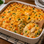 Leftover Rice Casserole with creamy rice, tender chicken, mixed vegetables, and melted cheddar cheese baked until golden and bubbly.