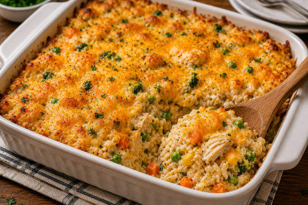 Leftover Rice Casserole with creamy rice, tender chicken, mixed vegetables, and melted cheddar cheese baked until golden and bubbly.