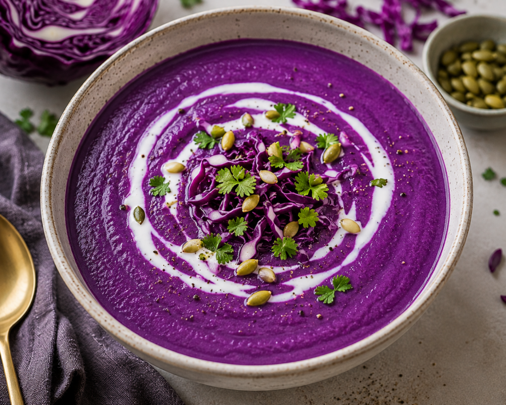 Creamy purple cabbage soup made with red cabbage and coconut milk, garnished with fresh herbs, shredded cabbage, and pumpkin seeds.