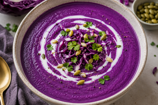 Creamy purple cabbage soup made with red cabbage and coconut milk, garnished with fresh herbs, shredded cabbage, and pumpkin seeds.