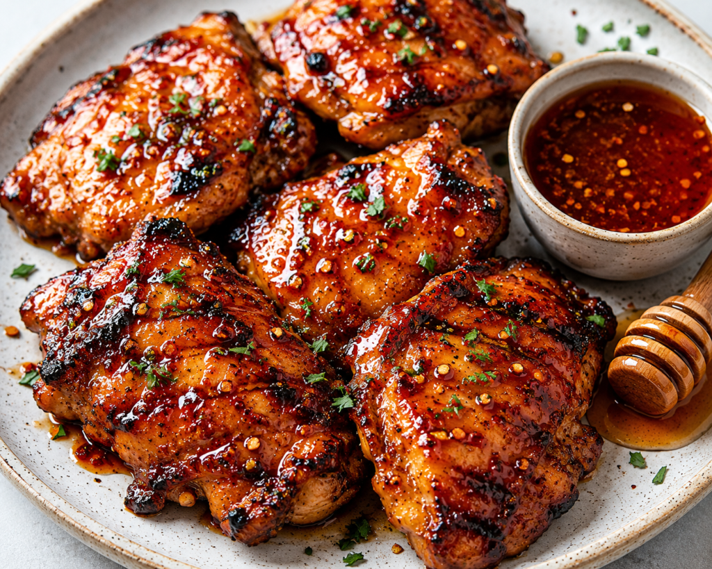 Sweet and Spicy Hot Honey Chicken with juicy grilled chicken thighs coated in a glossy honey chili glaze, garnished with fresh herbs and red pepper flakes.