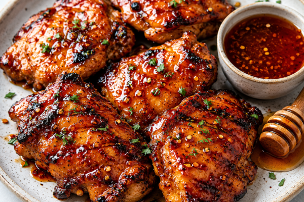 Sweet and Spicy Hot Honey Chicken with juicy grilled chicken thighs coated in a glossy honey chili glaze, garnished with fresh herbs and red pepper flakes.