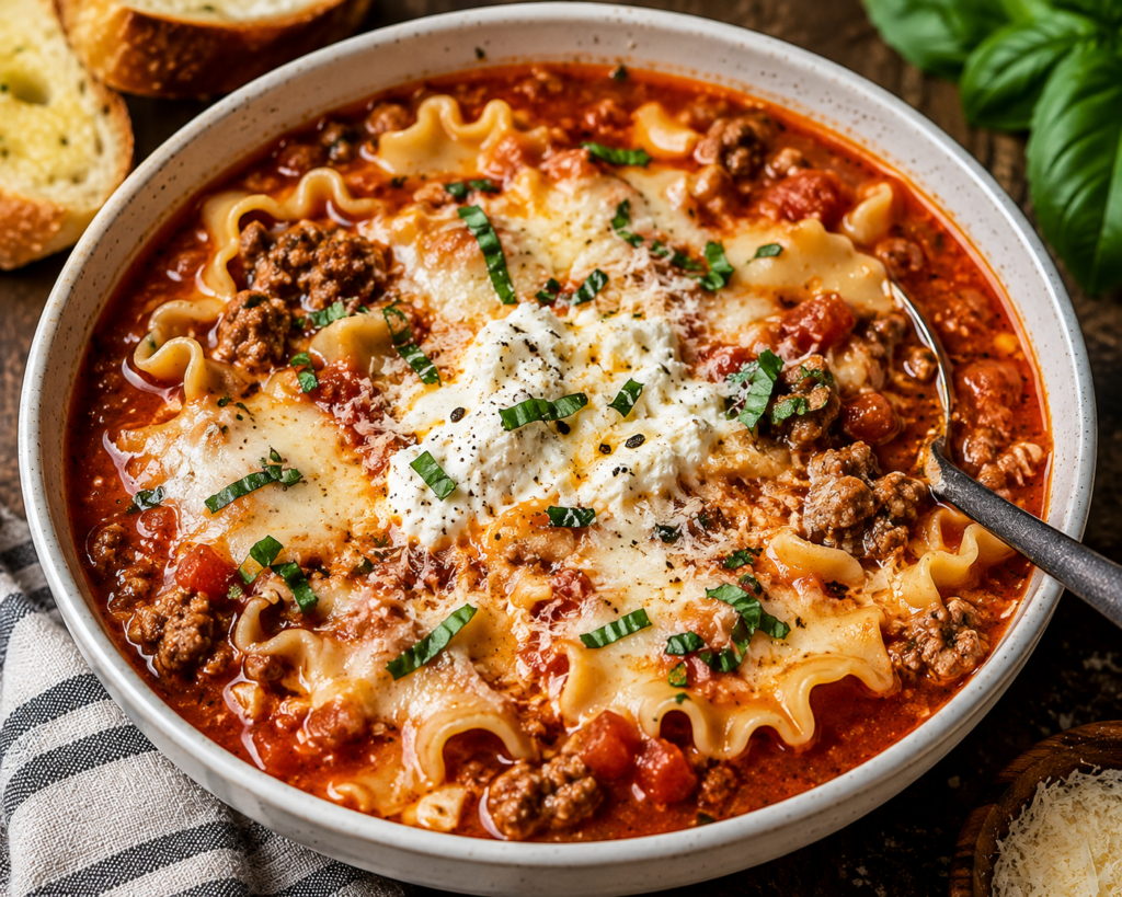 Magical Lasagna Soup with tender lasagna noodles, savory ground beef, rich tomato broth, melted mozzarella, creamy ricotta, Parmesan, and fresh basil.