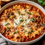 Magical Lasagna Soup with tender lasagna noodles, savory ground beef, rich tomato broth, melted mozzarella, creamy ricotta, Parmesan, and fresh basil.