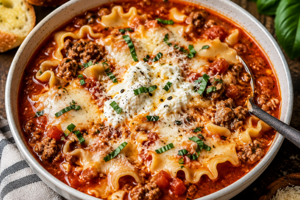 Magical Lasagna Soup with tender lasagna noodles, savory ground beef, rich tomato broth, melted mozzarella, creamy ricotta, Parmesan, and fresh basil.